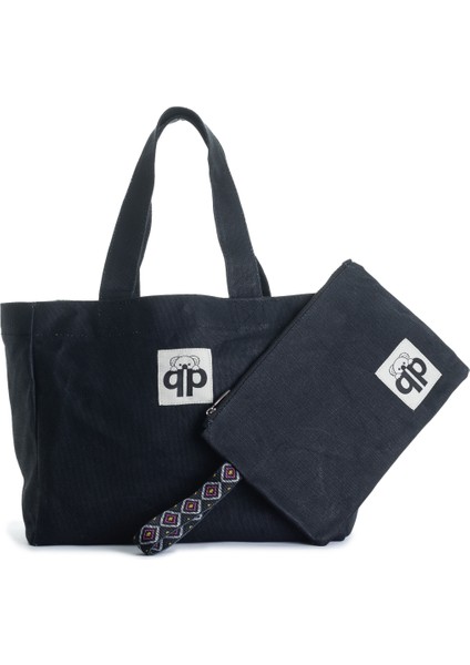 Qp Ronda Tote Bag Kadın Siyah Mumlu Kanvas El ve Omuz Çantası