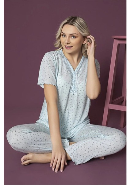 Bambu Pamuk V Yaka Kısa Kol Büyük Beden Kadın Pijama Takımı Lukitus