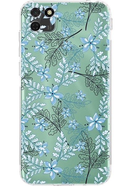 Huawei Y5 P Kamera Korumalı Kapak Floral Mavi Tasarımlı Şeffaf Kılıf