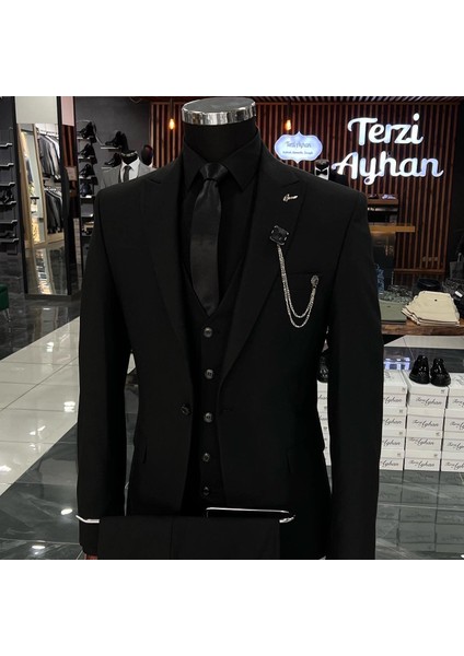 Terzi Ayhan Terziayhan Full Set Siyah Slimfit  Yelekli Takım Elbise