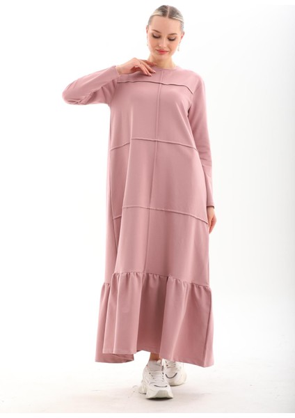 Pudra Bloklu Eteği Fırfırlı Tesettür Günlük Uzun Spor Salaş Elbise modelleri