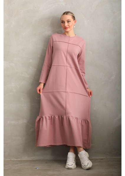 Pudra Bloklu Eteği Fırfırlı Tesettür Günlük Uzun Spor Salaş Elbise fırsatları