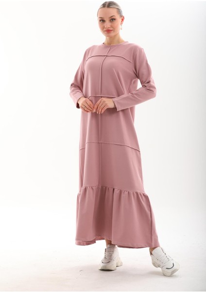 Pudra Bloklu Eteği Fırfırlı Tesettür Günlük Uzun Spor Salaş Elbise