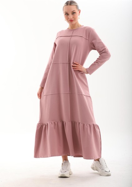 Pudra Bloklu Eteği Fırfırlı Tesettür Günlük Uzun Spor Salaş Elbise fiyatları