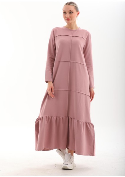 Pudra Bloklu Eteği Fırfırlı Tesettür Günlük Uzun Spor Salaş Elbise indirimleri