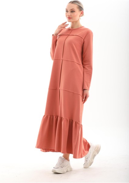 Somon Bloklu Eteği Fırfırlı Tesettür Günlük Uzun Spor Salaş Elbise