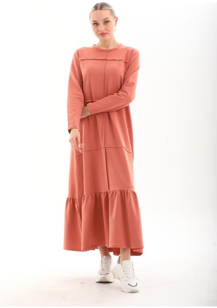 Somon Bloklu Eteği Fırfırlı Tesettür Günlük Uzun Spor Salaş Elbise modelleri