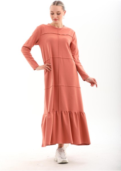 Somon Bloklu Eteği Fırfırlı Tesettür Günlük Uzun Spor Salaş Elbise indirimleri