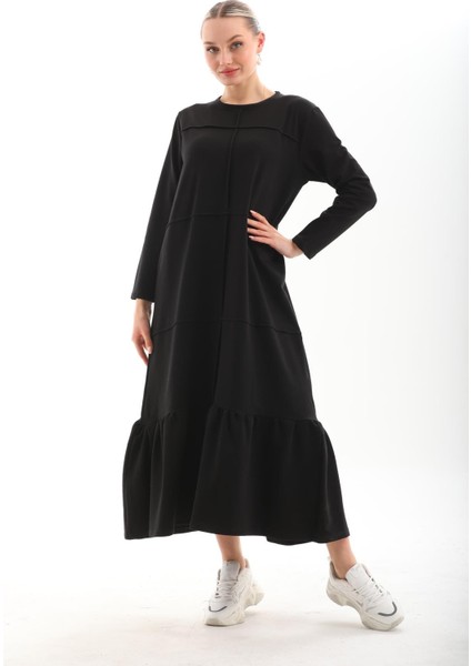 Siyah Bloklu Eteği Fırfırlı Tesettür Günlük Uzun Spor Salaş Elbise