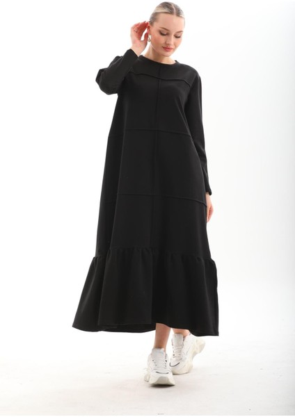 Siyah Bloklu Eteği Fırfırlı Tesettür Günlük Uzun Spor Salaş Elbise fiyatları
