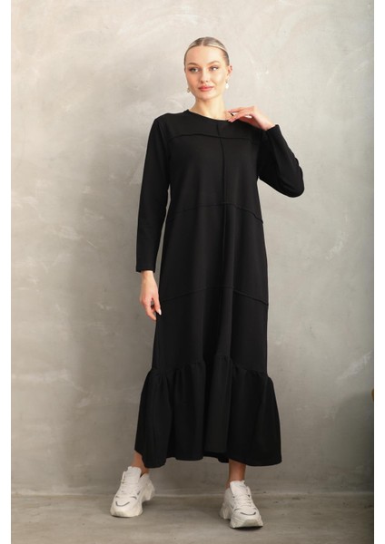 Siyah Bloklu Eteği Fırfırlı Tesettür Günlük Uzun Spor Salaş Elbise modelleri