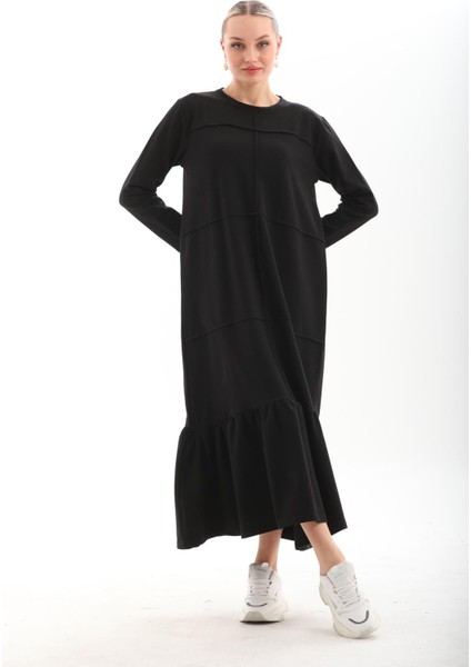 Siyah Bloklu Eteği Fırfırlı Tesettür Günlük Uzun Spor Salaş Elbise fırsatları