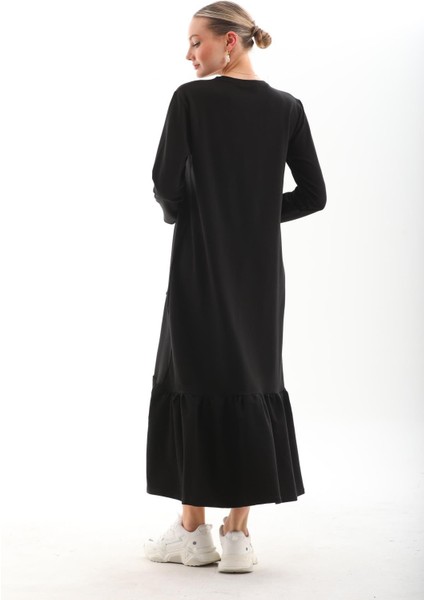 Siyah Bloklu Eteği Fırfırlı Tesettür Günlük Uzun Spor Salaş Elbise indirimleri