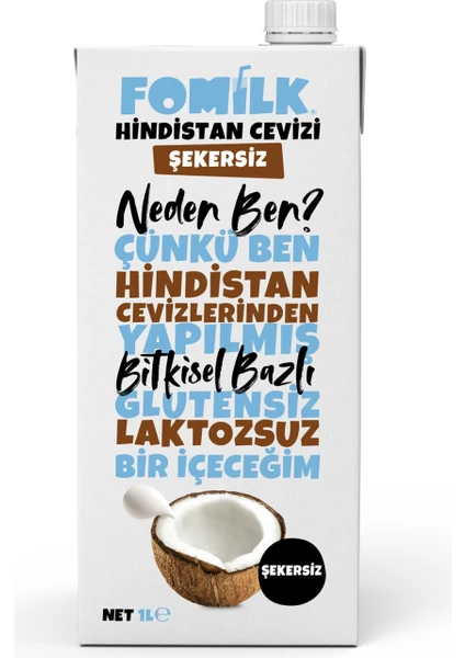 Hindistan Cevizi Sütü 1 L Glutensiz Bitkisel Bazlı Laktozsuz Vegan Şekersiz