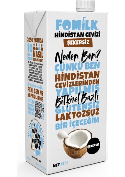 Hindistan Cevizi Sütü 1 L Glutensiz Bitkisel Bazlı Laktozsuz Vegan Şekersiz