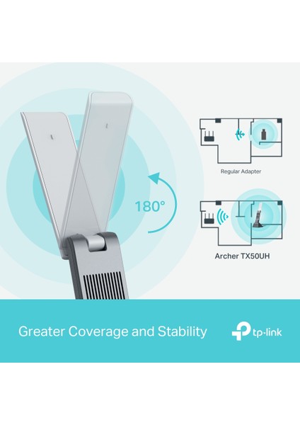 TP-Link Archer TX50UH, AX3000 Mbps, 1,2 Metre USB 3.0 Kablo, Yüksek Çekim Güçlü Wi-Fi 6 USB Adaptör