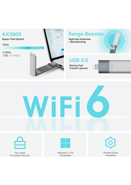 TP-Link Archer TX50UH, AX3000 Mbps, 1,2 Metre USB 3.0 Kablo, Yüksek Çekim Güçlü Wi-Fi 6 USB Adaptör