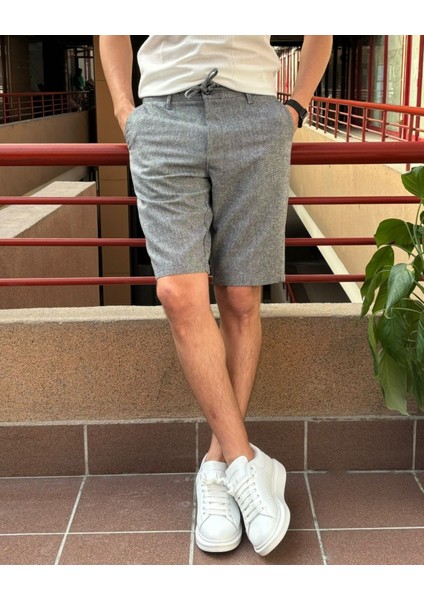 Erkek, Bel Bağcıklı, Old Money, Pamuklu, Keten Dokuma Şort 24INP281