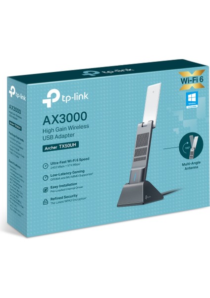 TP-Link Archer TX50UH, AX3000 Mbps, 1,2 Metre USB 3.0 Kablo, Yüksek Çekim Güçlü Wi-Fi 6 USB Adaptör