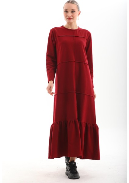 Bordo Bloklu Eteği Fırfırlı Tesettür Günlük Uzun Spor Salaş Elbise