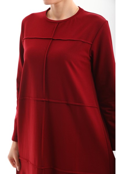 Bordo Bloklu Eteği Fırfırlı Tesettür Günlük Uzun Spor Salaş Elbise modelleri