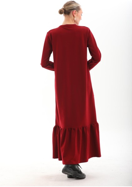 Bordo Bloklu Eteği Fırfırlı Tesettür Günlük Uzun Spor Salaş Elbise indirimleri