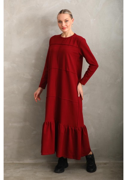 Bordo Bloklu Eteği Fırfırlı Tesettür Günlük Uzun Spor Salaş Elbise fiyatları
