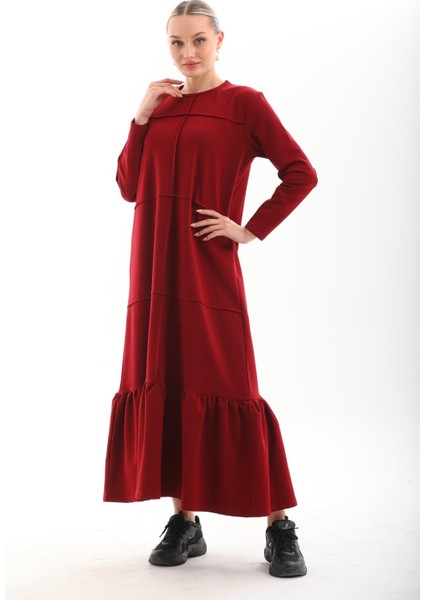 Bordo Bloklu Eteği Fırfırlı Tesettür Günlük Uzun Spor Salaş Elbise fırsatları