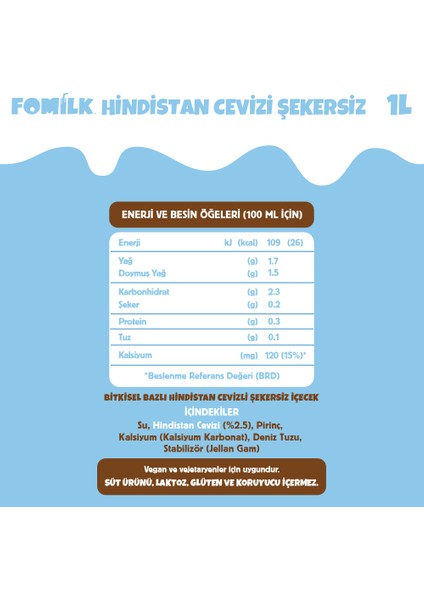 Hindistan Cevizi Sütü 1 L Glutensiz Bitkisel Bazlı Laktozsuz Vegan Şekersiz