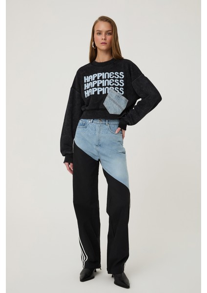 Denim Detaylı Şeritli Pantolon Mavi