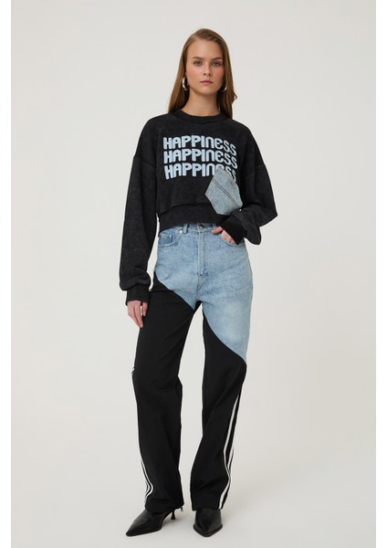 Denim Detaylı Şeritli Pantolon Mavi
