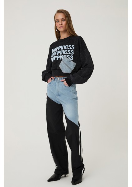 Denim Detaylı Şeritli Pantolon Mavi