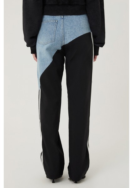 Denim Detaylı Şeritli Pantolon Mavi