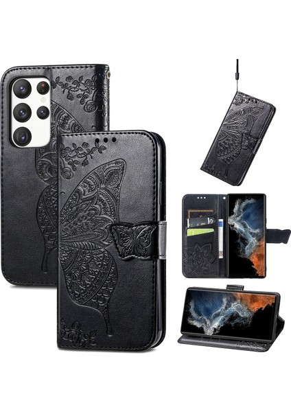 Galaxy S23 Ultra Kelebek Kanatları Flip Darbeye Dayanıklı Deri Telefon Kılıfı (Yurt Dışından)