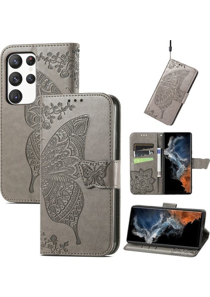 Galaxy S23 Ultra Kelebek Kanatları Flip Darbeye Dayanıklı Deri Telefon Kılıfı (Yurt Dışından)