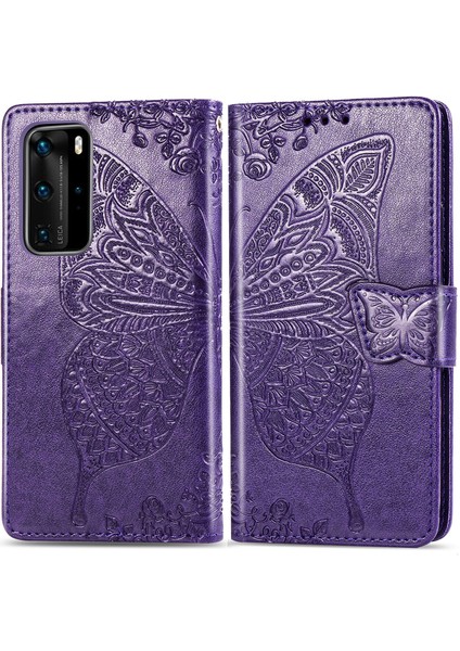 Huawei P40 Pro Kelebek Kanatları Flip Darbeye Dayanıklı Deri Telefon Kılıfı (Yurt Dışından)