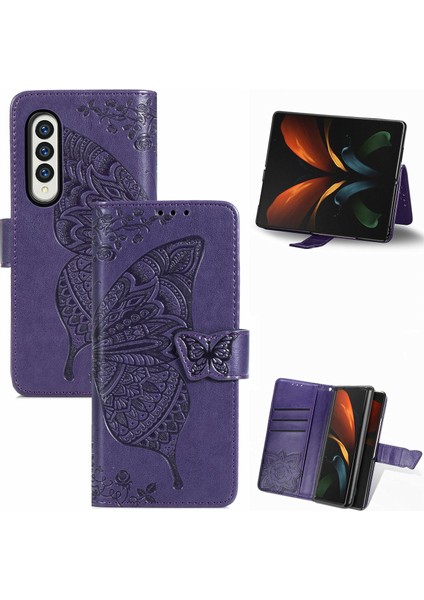 Galaxy Z Fold 3 Kelebek Kanatları Flip Darbeye Dayanıklı Deri Telefon Kılıfı (Yurt Dışından)
