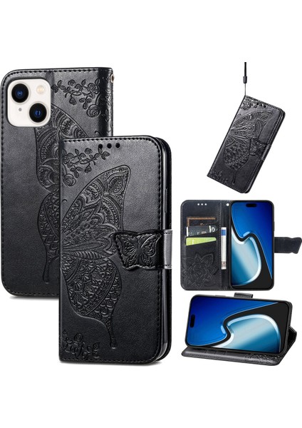 iPhone 15 Plus Kelebek Kanatları Flip Darbeye Dayanıklı Deri Telefon Kılıfı (Yurt Dışından)