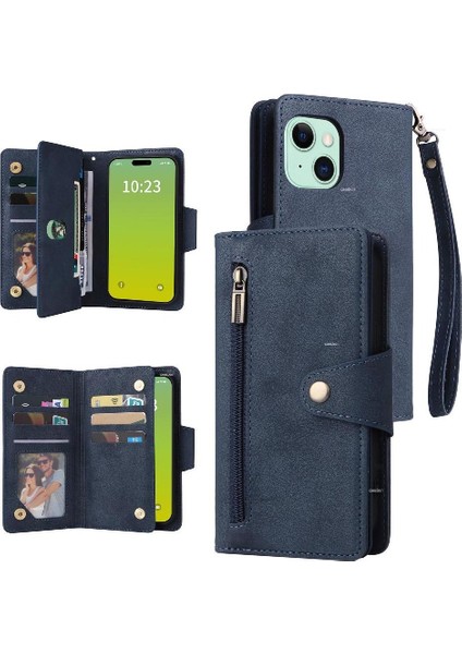 El Kayışı Manyetik Kart ile iphone 15 Artı Fermuar Cüzdan Kapak (Yurt Dışından)