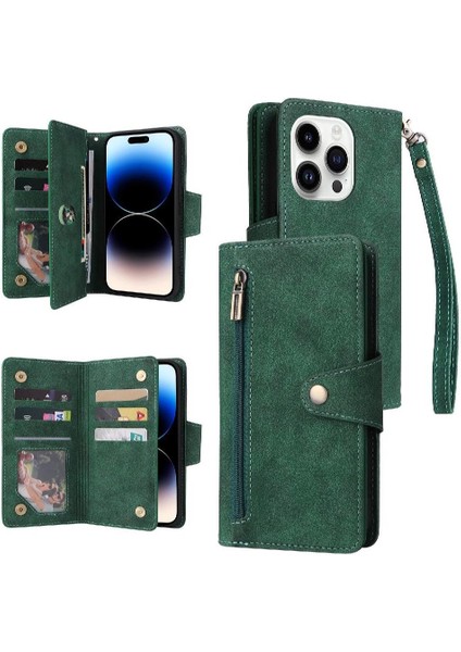 El Kayışı Fermuar ile iphone 14 Pro Kart Tutucu Manyetik Deri Kılıf (Yurt Dışından)
