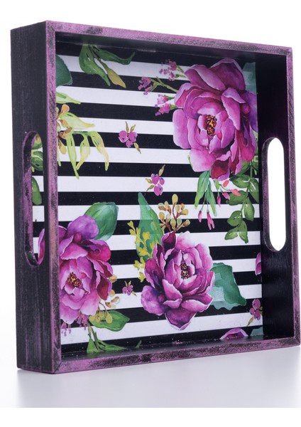 Dekoratif Süs Tepsi, 20X4X20 Cm, Pembe Çiçek ve Çizgi
