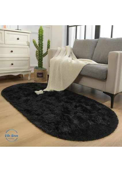 Vila Nova Home Siyah Oval Post Halı Peluş Yumuşak Kaymaz Dot Taban