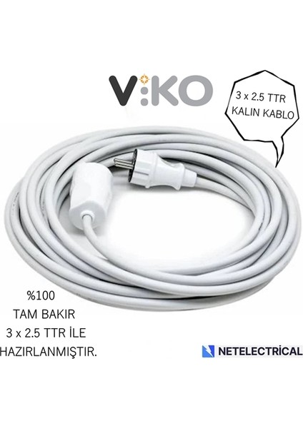 Tekli Topraklı Seyyar Uzatma Kablosu 15 Metre (Tam Bakır Kalın 3 x 2.5 Ttr Kablo)