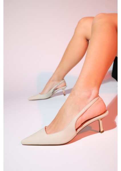 Marten Ekru Cilt Kadın Sivri Burun Arkası Açık Ince Topuklu Ayakkabı