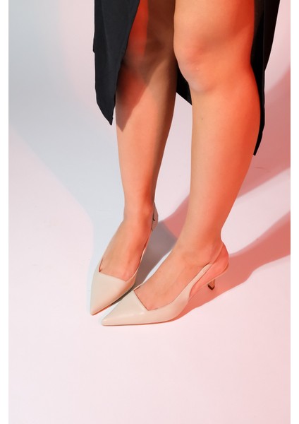 Marten Ekru Cilt Kadın Sivri Burun Arkası Açık Ince Topuklu Ayakkabı modelleri