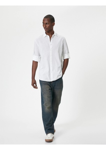 4SAM60054HW 000 Beyaz Erkek Pamuk Dokuma Uzun Kollu Gomlek