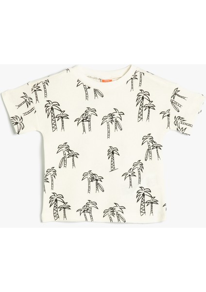 T-Shirt Palmiye Baskılı Kısa Kollu Bisiklet Yaka Pamuklu
