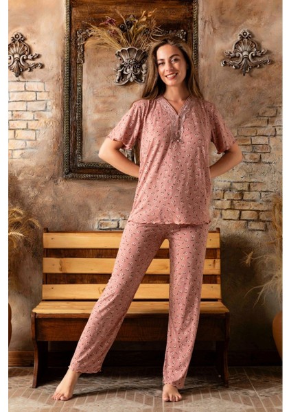 Bambu Pamuk V Yaka Kısa Kol Kadın Pijama Takımı