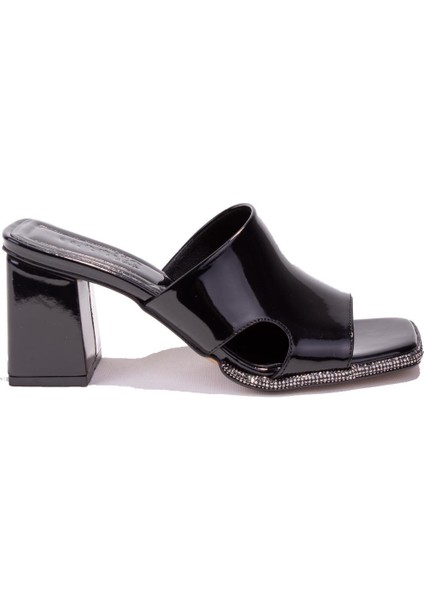 DZA07-1136745C Siyah Rugan Klasik Taşlı Topuklu Kadın Terlik fiyatları