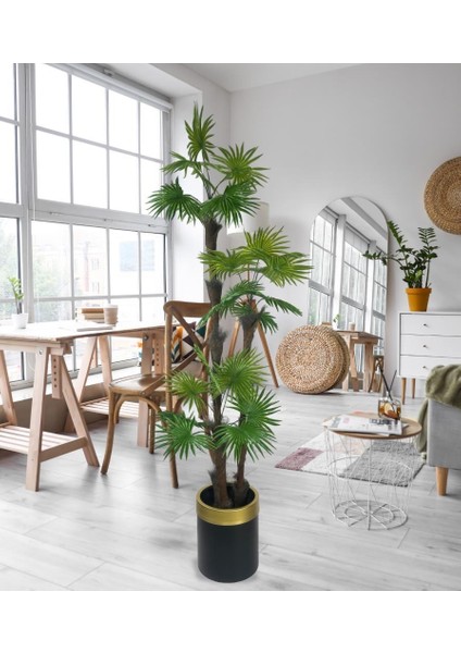 Yapay Ağaç Palmiye Fanpalm 3katlı 24YAPRAK Gold Kemerli Siyah Saksıda 165*65CM